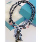 Pink Cat's Eye Opal Hematite Stone Penguin Pendant Chain Choker Fashion Necklace